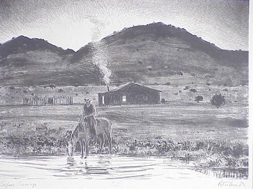 Pencil signed lithograph by Peter Hurd (: titled "Before Sunup" in frame acid free mount with sight size of 9"X12"