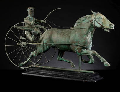 FISKE COPPER WEATHERVANE: THE FAMOUS TROTTER ST. JULIEN: The exceptionally animated sculptural copper weathervane by J. W. Fiske - prominent American manufacturer of cast iron ornaments, furniture, weathervanes and architectural elements - was marketed as