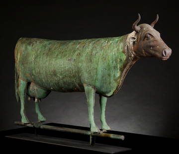 AN OUTSTANDING DAIRY COW WEATHERVANE ATTR HARRIS & SONS: The exceptionally wide and full bodied copper model in fine detail and proportion standing on four hollow legs is attributed to Harris and Sons of Boston. The untouched dry surface exhibits an