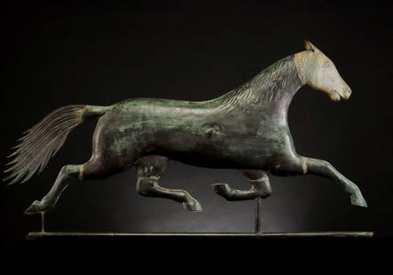 RACEHORSE ETHAN ALLEN WEATHERVANE SIGNED A. L. JEWELL: The large and nicely patinated example of molded copper with zinc head is stamped A. L. Jewell & Co Waltham, Massachusetts on one side. This model was marketed by Alvin L. Jewell as a likeness of the