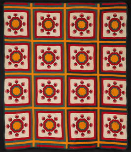 AN 1883 KANSAS QUILT WITH CHILD'S HAND & FAMILY HISTORY: The story of this fine folk art applique quilt revolves around the stitched outline of six-year-old Timothy Baker McNabb's little hand in the center of every block. The quilting is that of his mother,