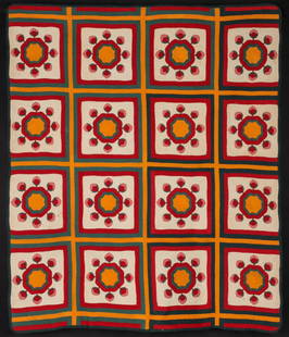 AN 1883 KANSAS QUILT WITH CHILD'S HAND & FAMILY HISTORY: The story of this fine folk art applique quilt revolves around the stitched outline of six-year-old Timothy Baker McNabb's little hand in the center of every block. The quilting is that of his