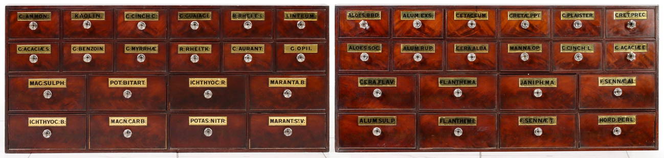 TWO 19C APOTHECARY CABINETS WITH REVERSE PAINTED LABELS: The matching cabinets are each configured with eight large drawers below twelve smaller drawers, all having cock beaded moldings framing the flame mahogany fronts which are set with a thick, gold