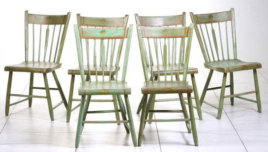 PENNSYLVANIA PAINT DECORATED CHAIRS SIGNED JOHN SWINT: The Lancaster, Pennsylvania set of six plank seat chairs with thumb 'ears' on each stile, curved top rail and spindle back with one central arrow shape flat-stick - all in the original green with