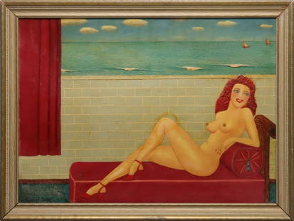 IOWA OUTSIDER ARTIST TALBERT MERRITT DICK OIL ON BOARD: Redhead on Red Bolster Mid 20th Century. The oil on artist's board by Des Moines artist Talbert Dick (1936 - 2008) is painted in a technique that presents the ocean whitecaps, the subway tile's grout