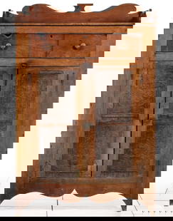AN UNUSUAL FANCY PIE SAFE WITH HEART AND STAR TINS: The unusually ornate example is topped by a graceful scroll cut upper gallery and raised on an equally exuberant scrolling skirt between the tall, intact and original feet. The case, doors and drawer,