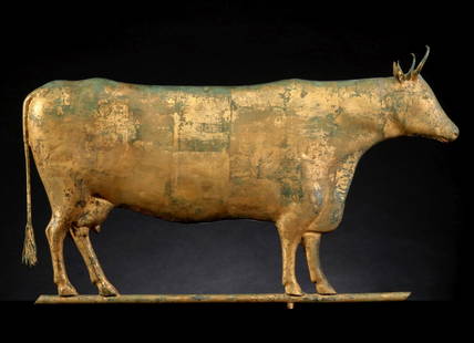 CUSHING DAIRY COW WEATHERVANE IN FINE ORIGINAL GILDING: The full bodied copper weathervane by Cushing and White is found with its exceptional original gilt finish largely intact. The portions not displaying the original surface are accented by naturally oc