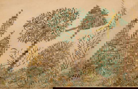 A COMPLEX 1890s FOLK ART POSTAGE STAMP SCHERENSCHNITTE: The elaborate composition of a Spanish Mission, peacock and butterfly in an exuberant spiraling landscape is composed entirely of clipped United States postage stamps from the 1890s adhered to paper w