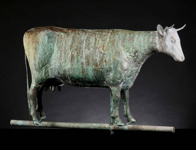 A 19C AMERICAN FULL BODIED COPPER DAIRY COW WEATHERVANE: The wide, full bodied figure on four independent legs is constructed with a zinc head. No markings, some sources have attributed this model to Harris and Son, Boston. Measures 21.25 x 34 x 7.25 inches