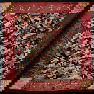 AN UNUSUAL CRAZY QUILT WITH EMBROIDERED SILK BORDER: The large crazy quilt is centered by an intricate confetti-like field of silk and velvet fabrics joined by elaborate feather stitch embroidery, and enclosed by red silk borders and salmon corner block
