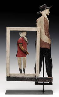 CARVED AND PAINTED FOLK ART WEATHER VANE OR WHIRLIGIG: The unique design of male and female silhouette figures carved from wood were created in tandem as shown, the smaller female figure within a frame and style suggestive of circa 1920s. The use is not k