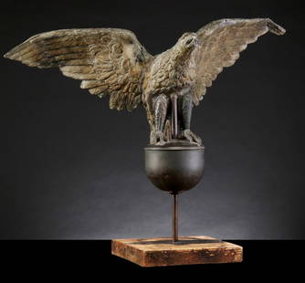 A LATE 18TH TO EARLY 19TH CENTURY EAGLE WEATHERVANE: The full bodied, spread wing eagle is well modeled and molded with detailed feathers and other features. The maker is not known. Measures 31 x 37 x 17 inches. Provenance: Private Collection Denver, Co