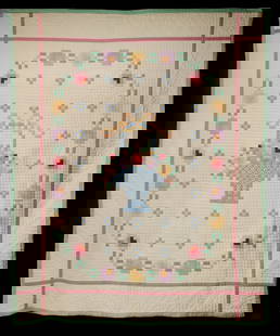 A 1930s PIECED AND FINELY STITCHED FLOWER BASKET QUILT: The elaborately pieced quilt in pastel colors depicts a central high handle flower basket with embroidered detail surrounded by blue daises and a wreath of roses within a frame of pink sashing and gre