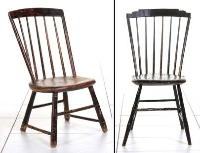 TWO 19C AMERICAN BIRD CAGE WINDSOR CHAIRS IN OLD PAINT: The shaped crest rail on faux bamboo spindles are joined to the plank seat raised on a base of faux bamboo turnings. Measure 35 x 18.25 x 19 and 28 x 16.5 x 15 inches. Height to seat is 17.5 and 12.5