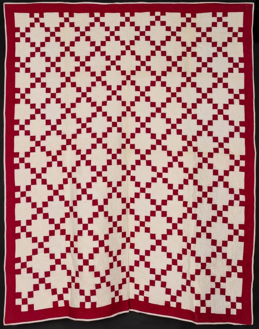 A RED AND WHITE IRISH CHAIN HAND STITCHED QUILT (1 of 12)