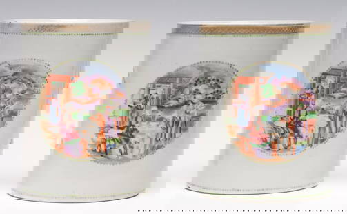 A PAIR 18TH CENTURY CHINESE EXPORT PORCELAIN TANKARDS: Each large, cylindrical body is decorated with hand painted genre scenes in oval reserve and spare sprigs in enamel decoration banded in green beading and a gold tracing over a salmon band at the rim.