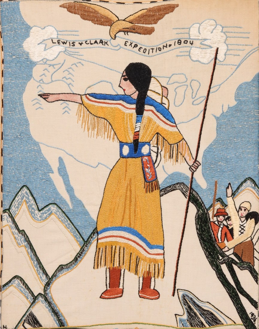 A 1936 FOLK ART 'NEEDLEWORK TAPESTRY' WITH SACAJAWEA (1 of 14)