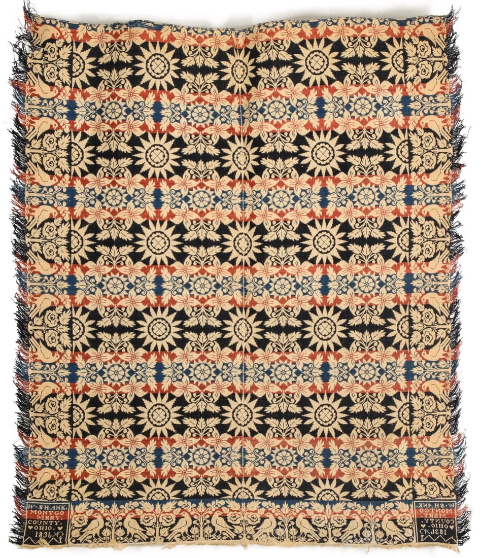 AN 1836 JACQUARD COVERLET SIGNED W. SHANK, OHIO (1 of 14)