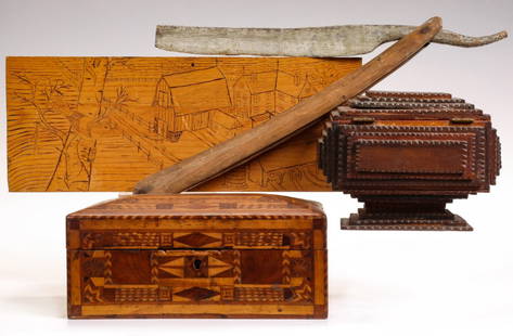 A COLLECTION OF EARLY 20C. AMERICAN FOLK ART: 1. A yellow pine panel with pyrography depiction of a detailed farmstead composed employing an interesting perspective. 2. A small, elaborate circa 1900 marquetry box with domed lid. 3. A stepped tram