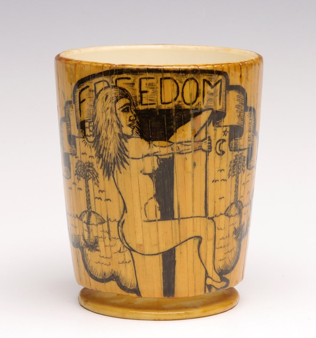 LATE 20TH CENTURY PRISON ART ON WHIRLEY PLASTIC MUG: Founded in 1960, the plastic wares and advertising premiums of Whirley Industries remain popular late 20th century retro and vintage collectibles. This Whirley footed cup is embellished in the Prison 