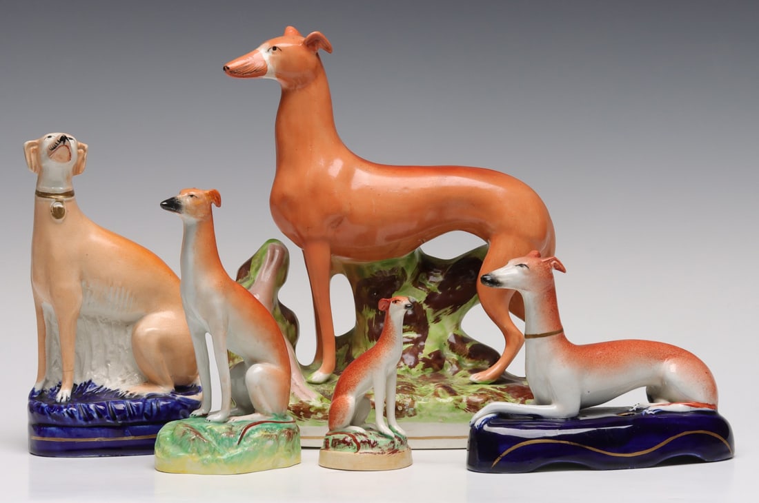 A COLLECTION OF 19TH C. STAFFORDSHIRE POTTERY WHIPPETS (1 of 17)