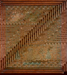 AN ELABORATE PICTORIAL CROSS STITCH SAMPLER DATED 1828: 1828 The classic sampler retaining a wide range of colors is centered by a eight-line verse surrounded by various floral, fruit and vine borders interspersed with motifs of birds, dogs, trees, flowerh