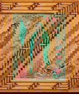 EARLY 20TH C. OUR LADY OF GUADALUPE IN FOLK ART FRAME: The jigsaw puzzle is displayed in a frame crafted from well over 100 pieces of wood. Measures 13.25 x 11 inches. Without proof of exemption, be aware that internet sales tax applies to all Internet tr