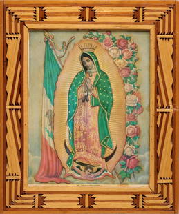 EARLY 20TH C. OUR LADY OF GUADALUPE IN FOLK ART FRAME: The jigsaw puzzle is displayed in a frame crafted from well over 100 pieces of wood. Measures 13.25 x 11 inches. Without proof of exemption, be aware that internet sales tax applies to all Internet tr