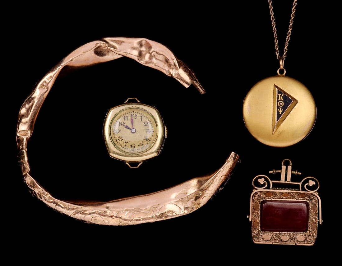 A COLLECTION OF ESTATE JEWELRY WITH 10K GOLD: 1) A 10k gold locket engraved 'Ruth' on the front, enameled Kappa Omicron Psi on the back, marked 10k inside the locket and on the necklace clasp. Locket measures 1.25 inches, weighs 9.5 grams. 2) A g