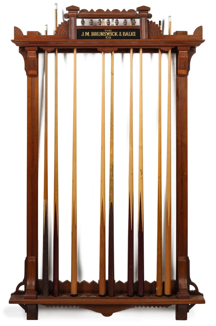 AN 1880s BRUNSWICK & BALKE BILLIARDS CUE STICK RACK (1 of 8)