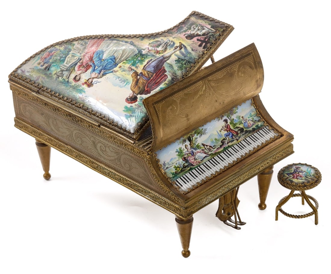 A VIENNESE ENAMEL MUSIC BOX PIANO WITH STOOL (1 of 14)