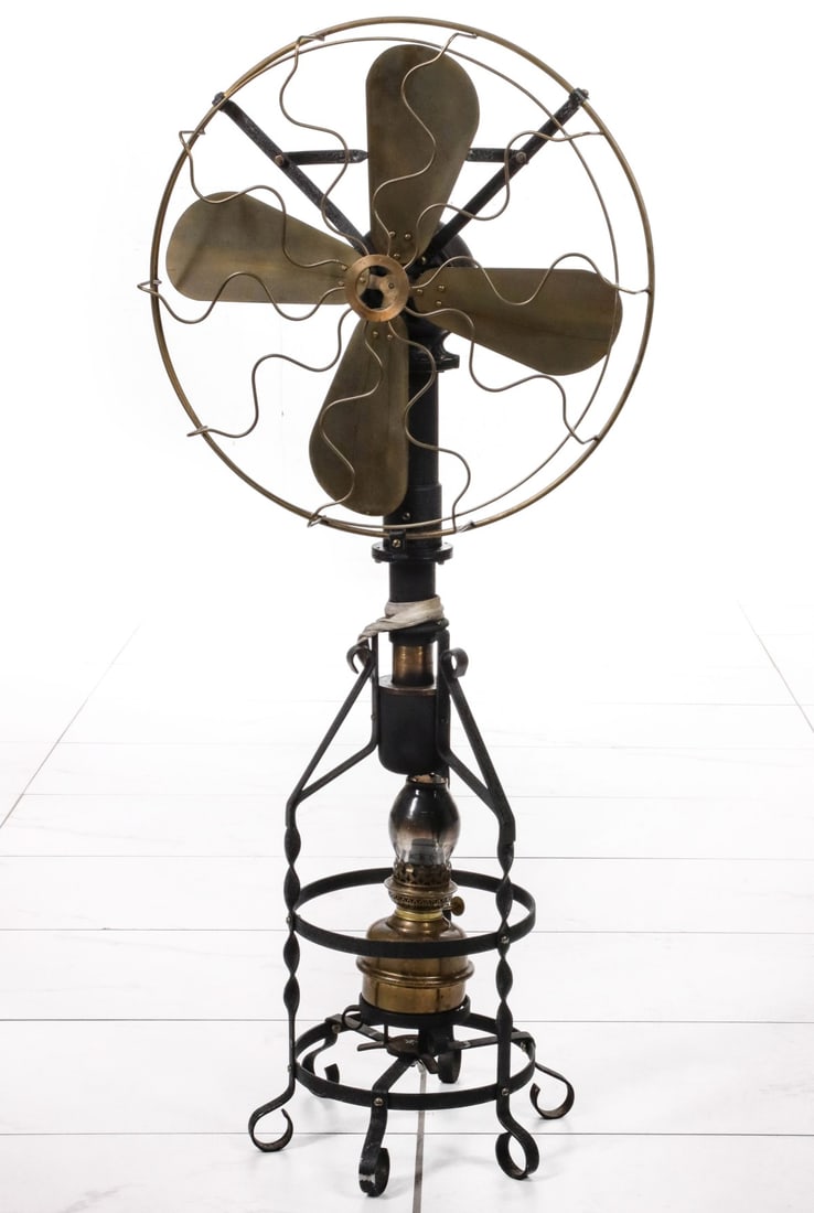 A RARE FLOOR MODEL ALCOHOL POWERED BRASS BLADE FAN (1 of 10)