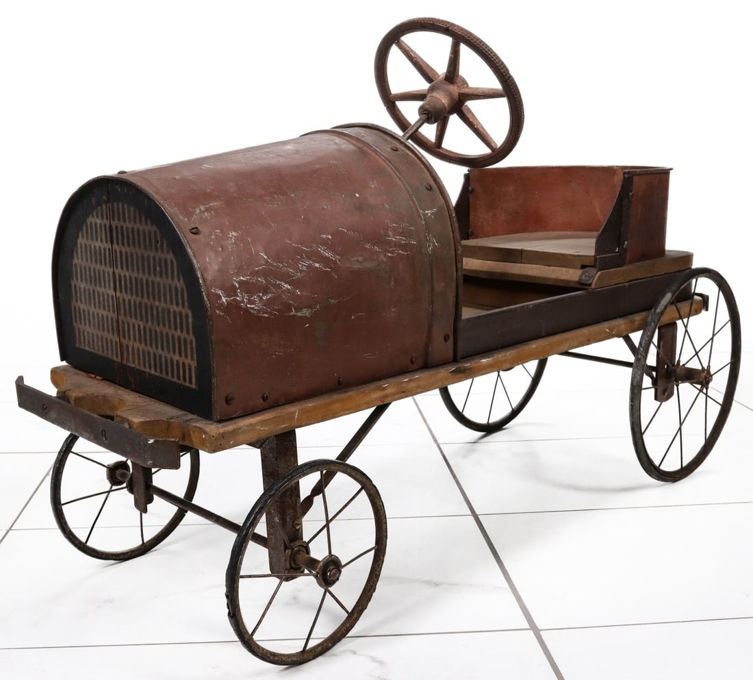 A CIRCA 1900 STEEL AND WOOD COASTER 'PEDAL CAR' (1 of 15)