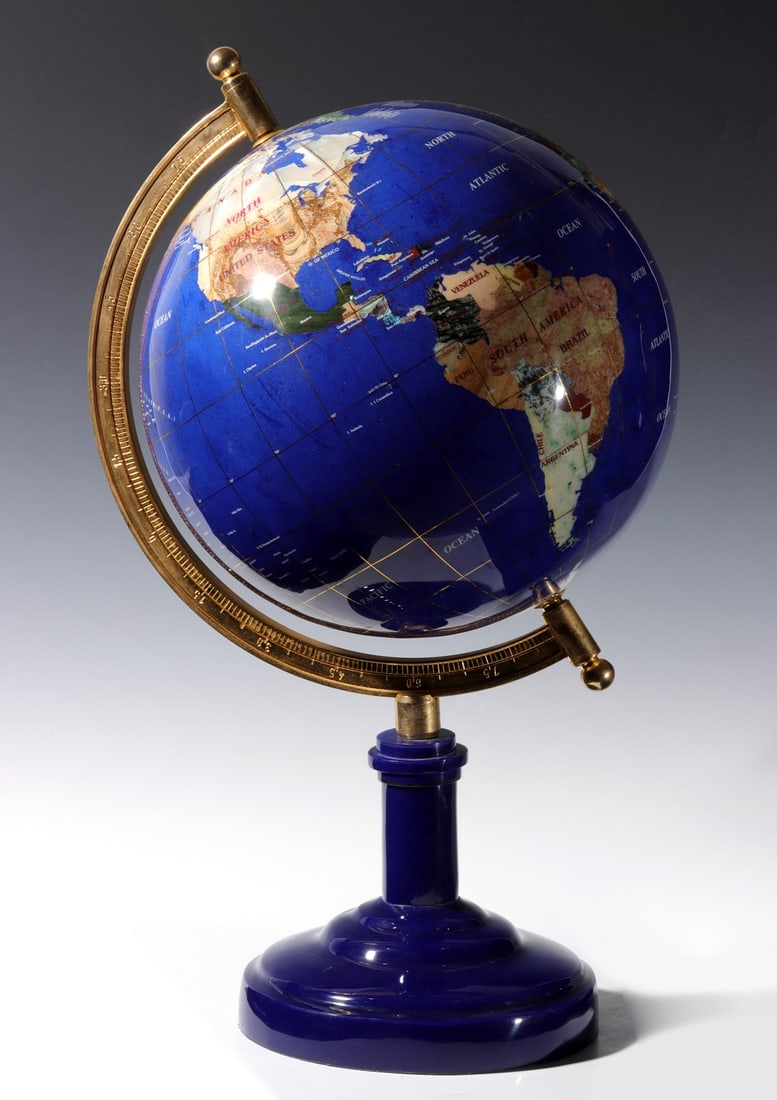 A TERRESTRIAL GLOBE INLAID WITH LAPIS AND OTHER STONE (1 of 17)