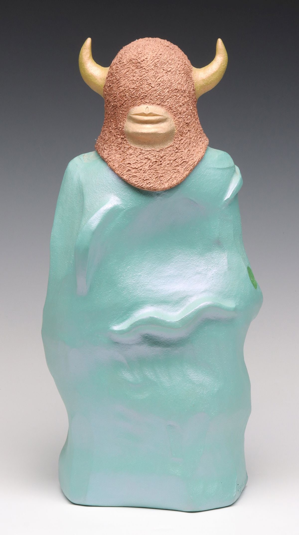 BARRY COFFIN (KANSAS 1947-2016) MIXED MEDIA SCULPTURE: Barry Coffin (Kansas Native American 1947-2016) The Modernist interpretation of a Navajo Buffalo Warrior Dancer with scratched texture headpiece blinding the figure and gilt horns is signed and dated