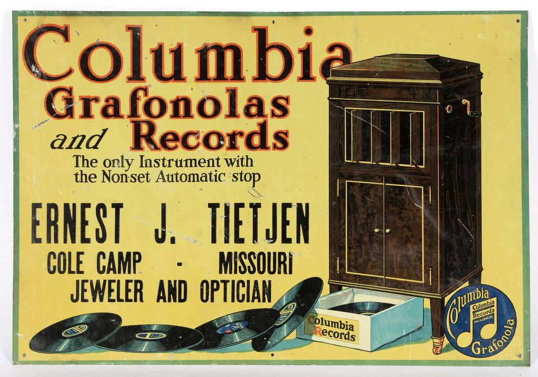 A Cole Camp Missouri Columbia Grafonola Tin Dealer Sign Auction