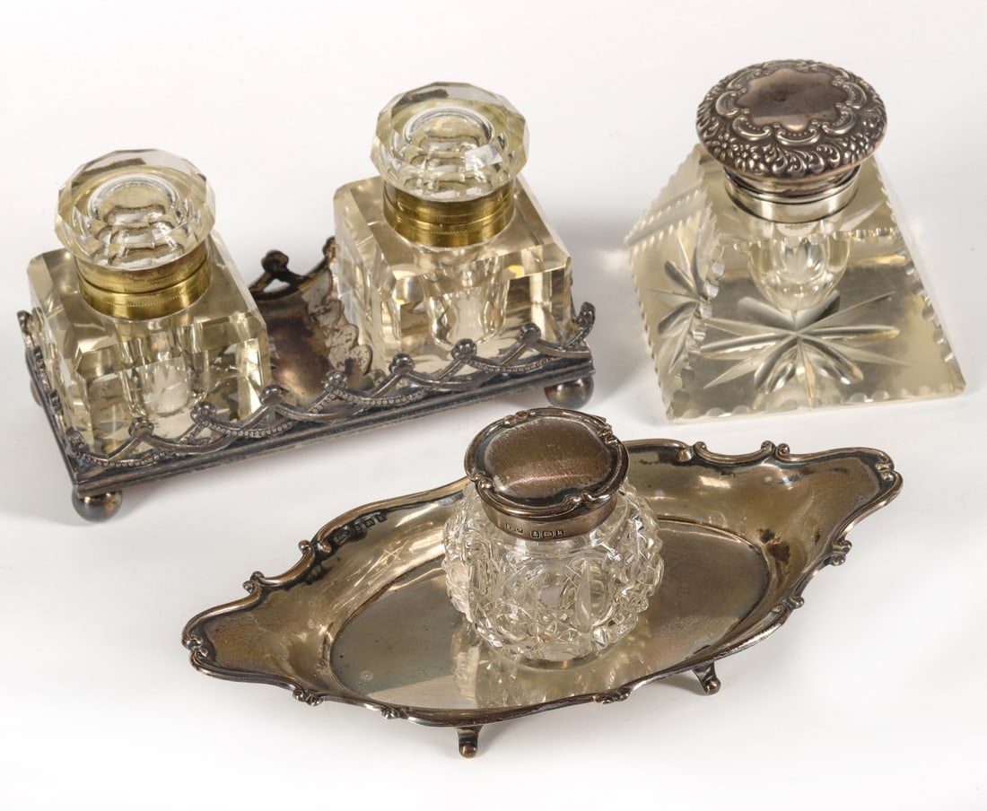 STERLING SILVER AND OTHER ANTIQUE INKWELLS (1 of 8)