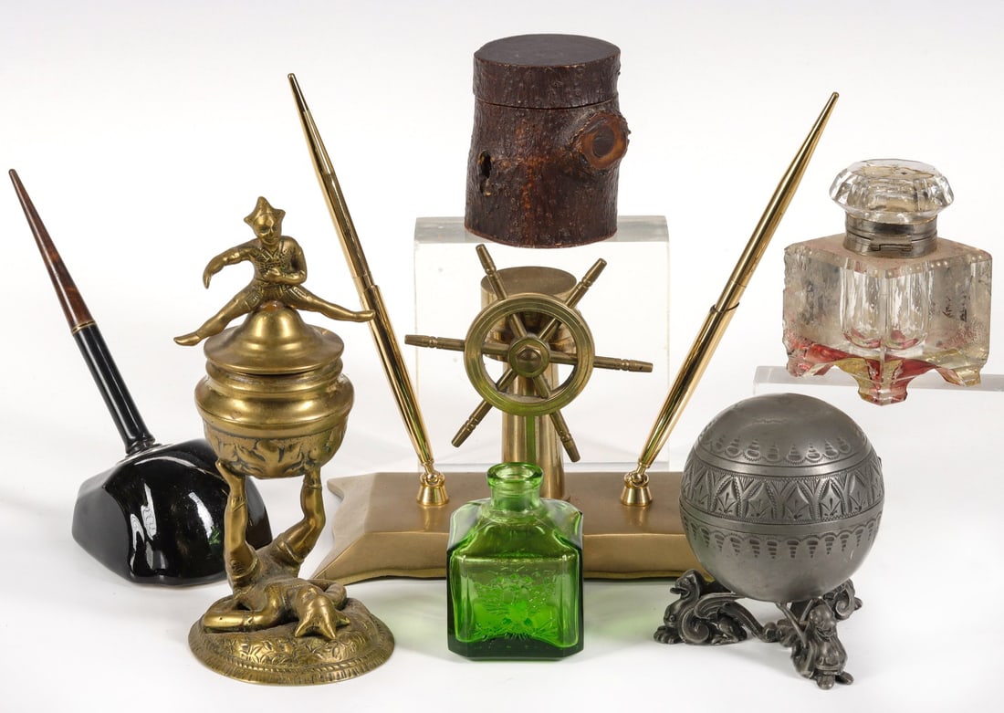 A COLLECTION OF ANTIQUE AND VINTAGE INKWELLS & STANDS (1 of 6)