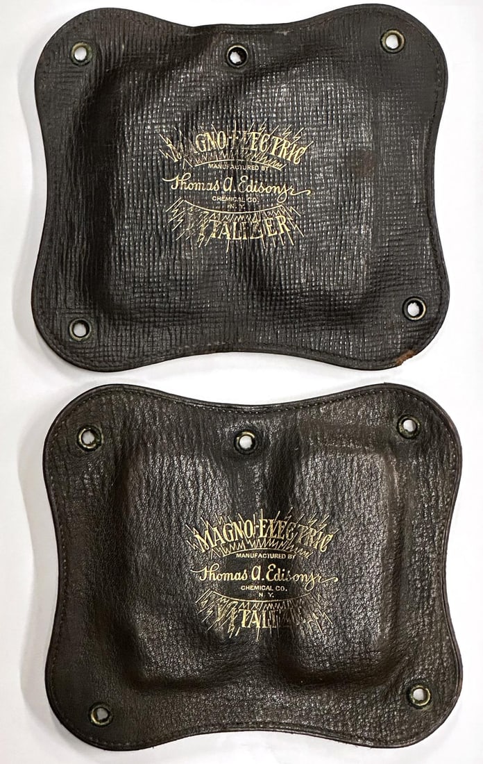RARE THOMAS EDISON JR. QUACK MAGNET THERAPY BATTERIES: The Magno Electric Vitalizer was manufactured by Thomas Alva Edison Junior around 1930. Specific ailments could be cured by placing the Vitalizers on the proper points of one's spine. Measures 5.25 x 