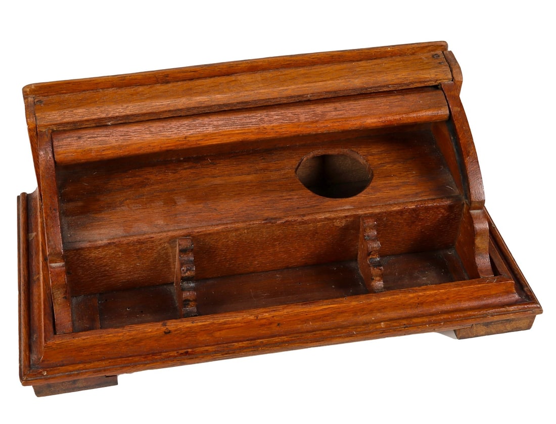 OAK ROLL FRONT PEN STAND & INK WELL CABINET CIRCA 1900 (1 of 6)