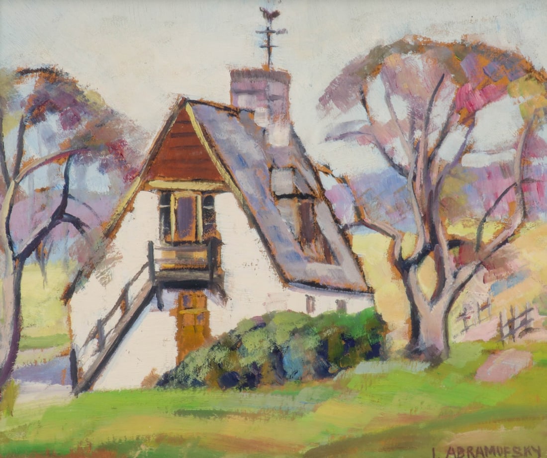 ISRAEL ABRAMOFSKY (1888-1975) OIL ON ARTIST'S BOARD: Israel Abramofsky (1888-1975) The oil on artist's board in the artist's distinctive style and colors is signed lower right. A second preliminary work is found on the back side of the artist's board as
