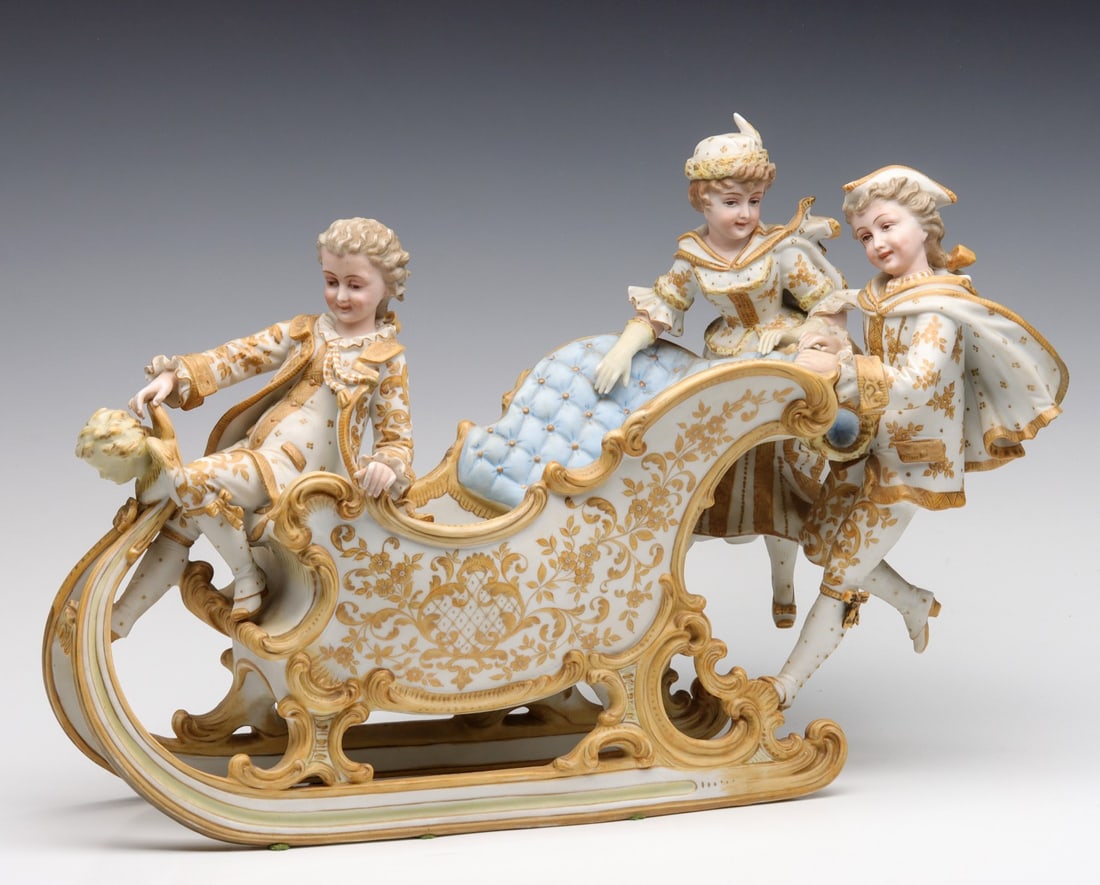 A LARGE, ELABORATE VICTORIAN BISQUE SLEIGH CENTERPIECE (1 of 20)