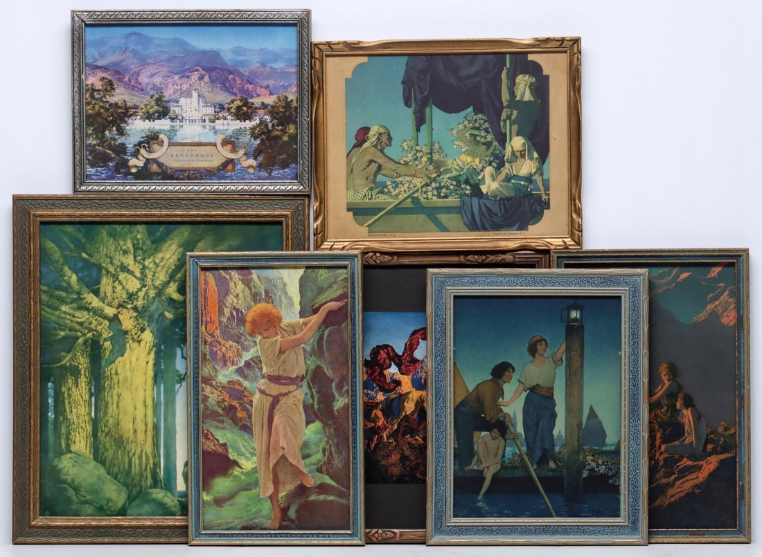 SEVEN 1930s EXAMPLES OF MAXFIELD PARRISH ILLUSTRATION: A collection of exceptional original examples in small size format and original period frames as shown. Overall sizes range from 6.75 x 9.75 to 12.75 x 10.75 inches. Provenance: Private collection Mai