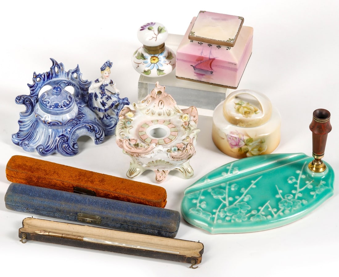 NIPPON, GERMAN & OTHER ANTIQUE INKWELLS W/ PEARL PENS (1 of 6)