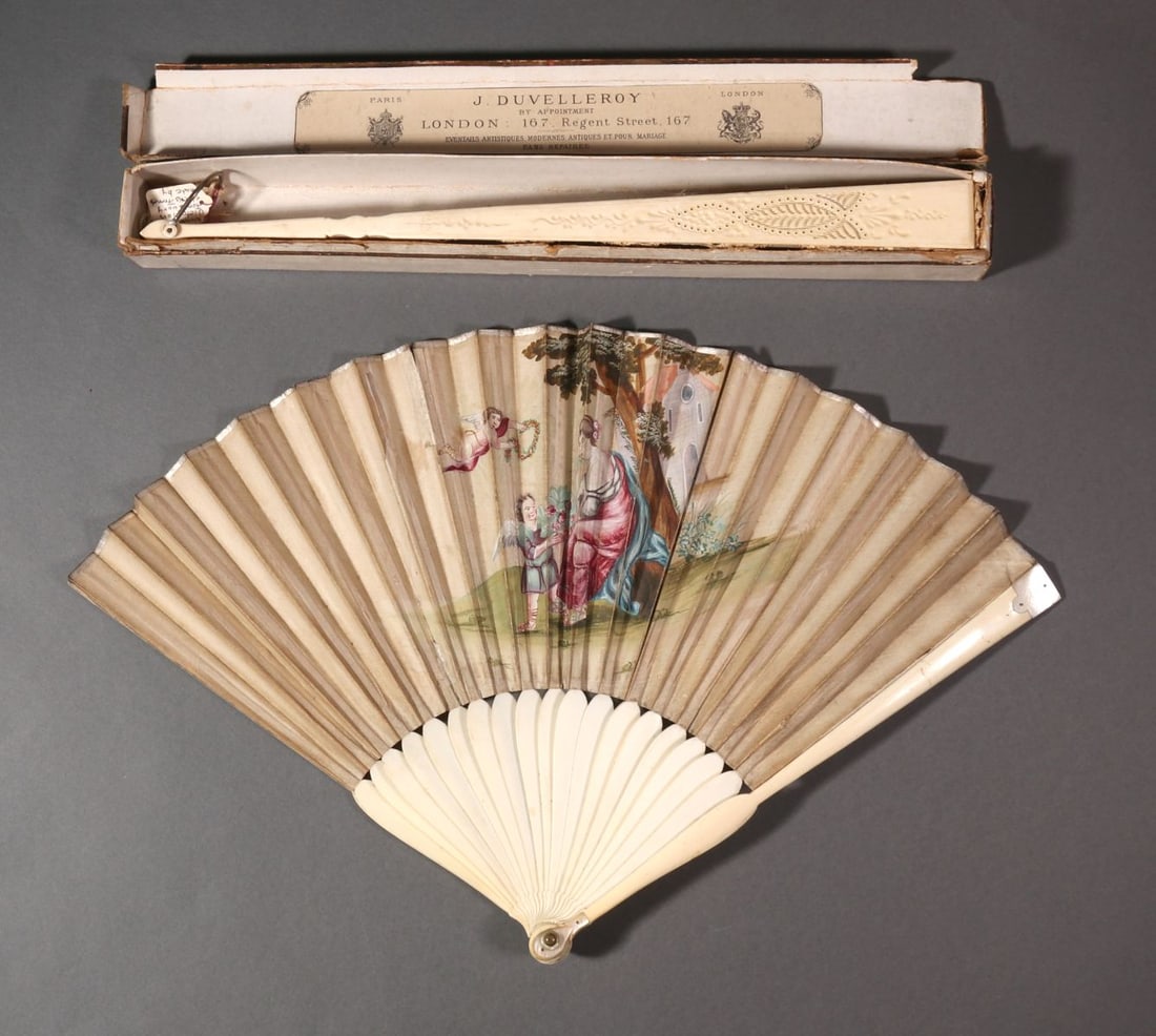 TWO 19TH CENTURY CONTINENTAL HAND PAINTED FANS: 1. The hand fan with shell tipped end sticks is hand painted on both sides as shown. 2. The large painted gauze fan with hand made lace insets is mounted to bone sticks and found in what is presumed t