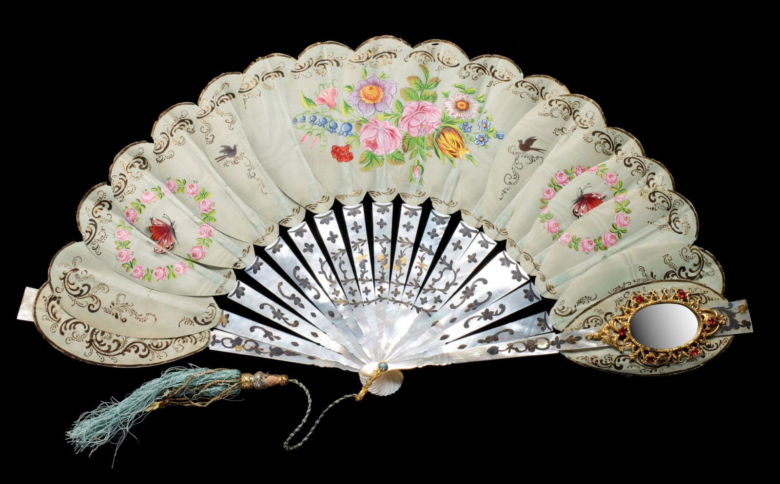 AN ELABORATE 19C. VERMEIL INLAID MOP HAND FAN W/ MIRROR (1 of 9)
