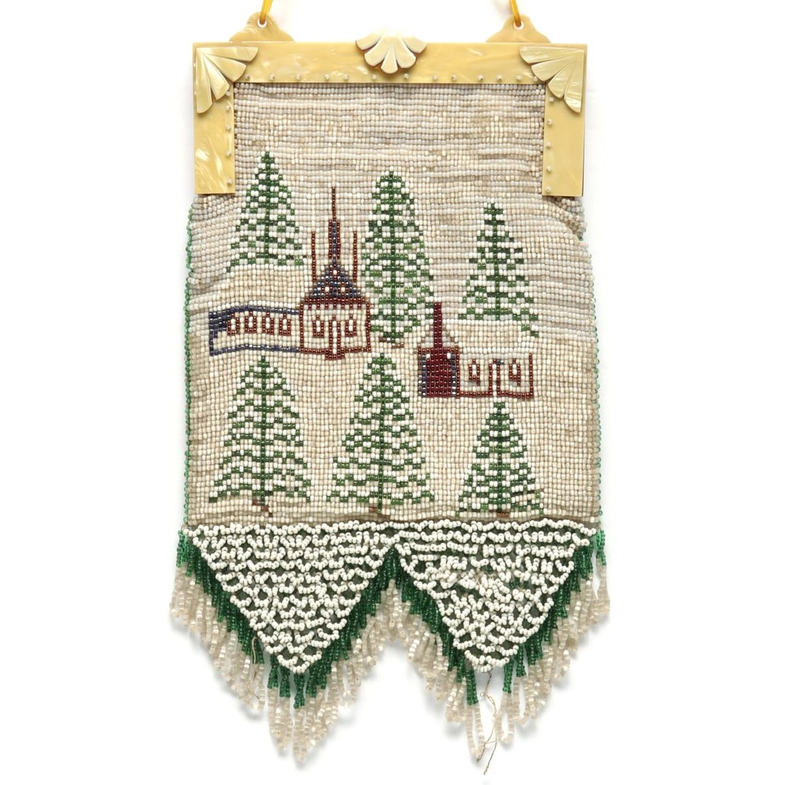 A VINTAGE BEADED BAG WITH CARVED BAKELITE FRAME: The modernist snowy landscape pictorial beaded design is suspended from a carved plastic frame. Measures 11 x 6.25 including beaded fringe and a 5.5 inch handle drop. Without proof of exemption, be aw