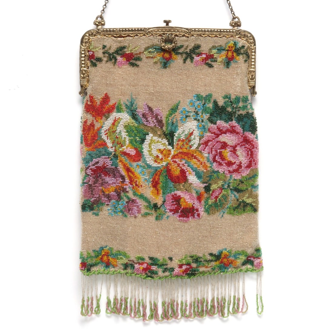 A NICE, LARGE FRENCH BEADED BAG WITH COLORFUL FLORALS (1 of 14)