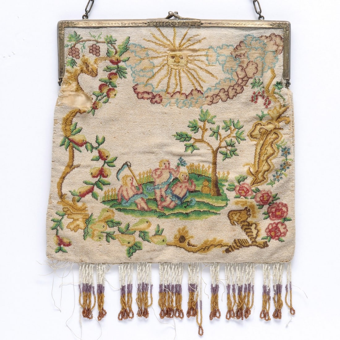 A CIRCA 1920 PICTORIAL BEADED PURSE WITH STERLING FRAME (1 of 14)