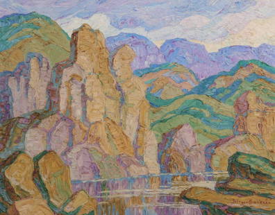 BIRGER SANDZEN (1871-1954) COLORADO OIL ON CANVAS 1936: Birger Sandzen (1871-1954) Scene from Rocky Mountain National Park 1936 The complex, beautifully crafted composition of a high altitude lake and towering rock formations below mountain peaks is signed